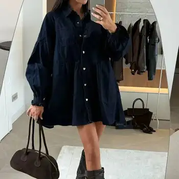 時尚純色寬鬆牛仔女式優雅翻領紐帶襯衫新款秋季長袖A字牛仔連身裙 10 最佳銷售 長袍牛仔褲 - №10