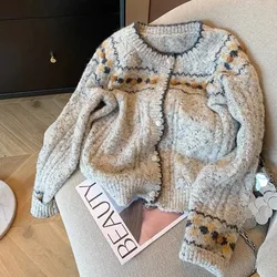 Cardigan lavorato a maglia elegante francese per donna autunno inverno stile pigro monopetto maglione allentato o-collo maglieria a maniche lunghe