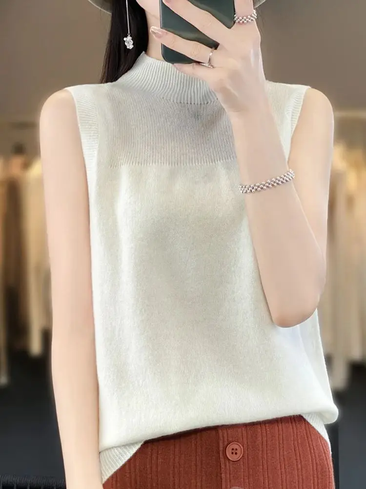 ADDONEE Women Summer Vest Mock Neck Hollow Sleeveless Pullover Waistcoat 100% Merino Wool Knitwear Thin Soft Sweater Fashion