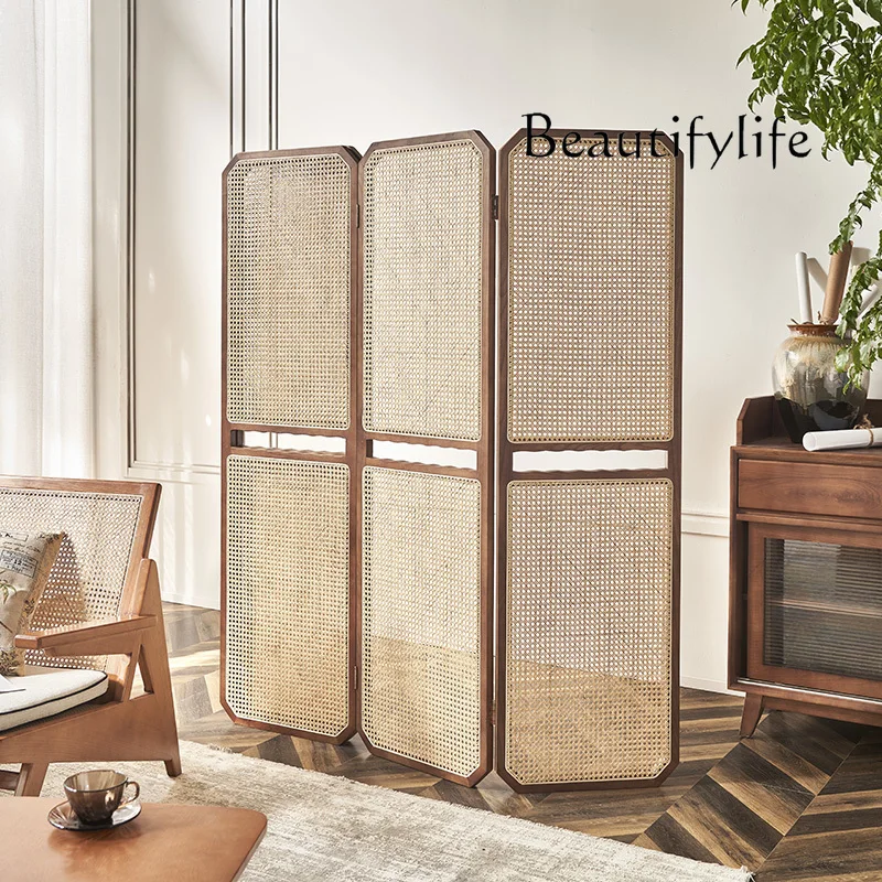 

Japanese-Style Solid Wood Screen Removable Folding Rattan Partition Accordion Partition