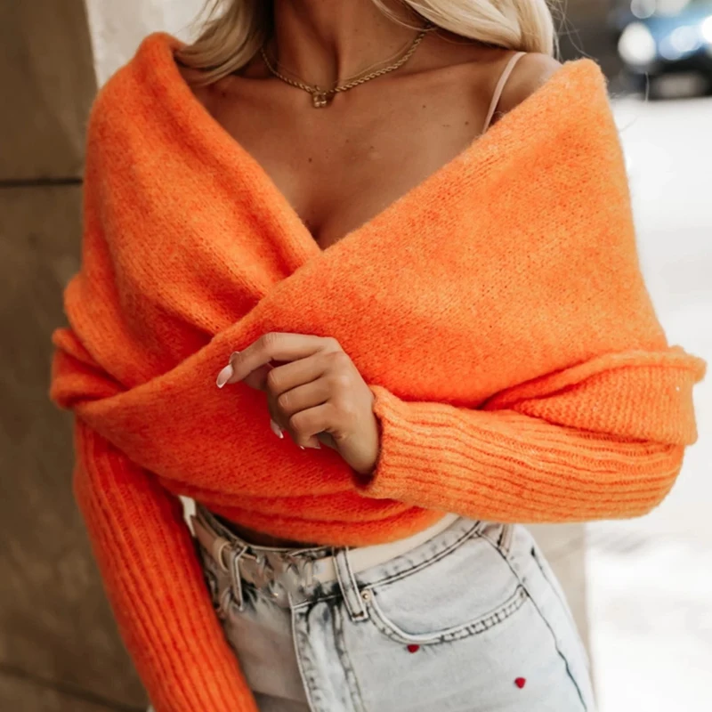 Women Sexy Off Shoulder Long Sleeve Jumper Top Fashion Strapless Solid Color Knitted Elegant V-neck Crossover Multicolor Sweater