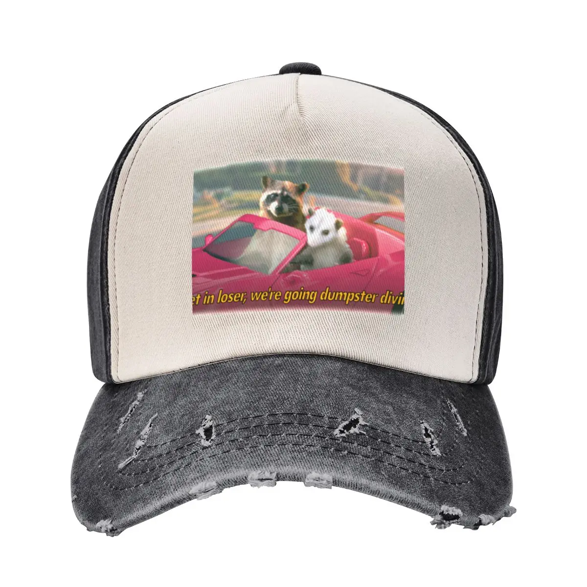 

Get in loser, we're going dumpster diving raccoon possum word art - film quote version Baseball Cap Hood Ladies Men's