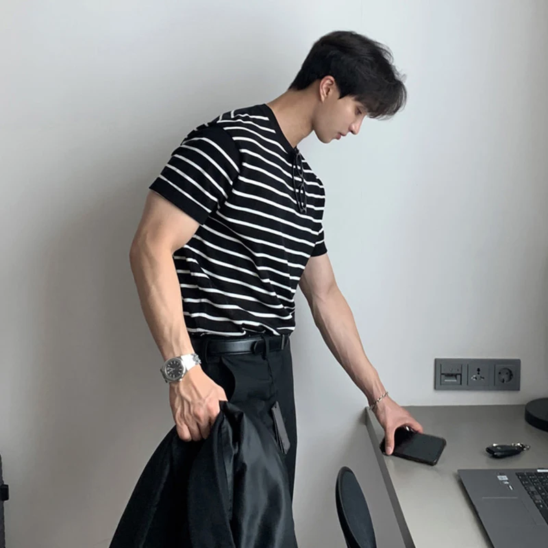 American Stripe T-Shirt Men's Fashion Short Sleeve Training Base Shirt Summer Youth  round Neck Slim Fit Inner Wear Top