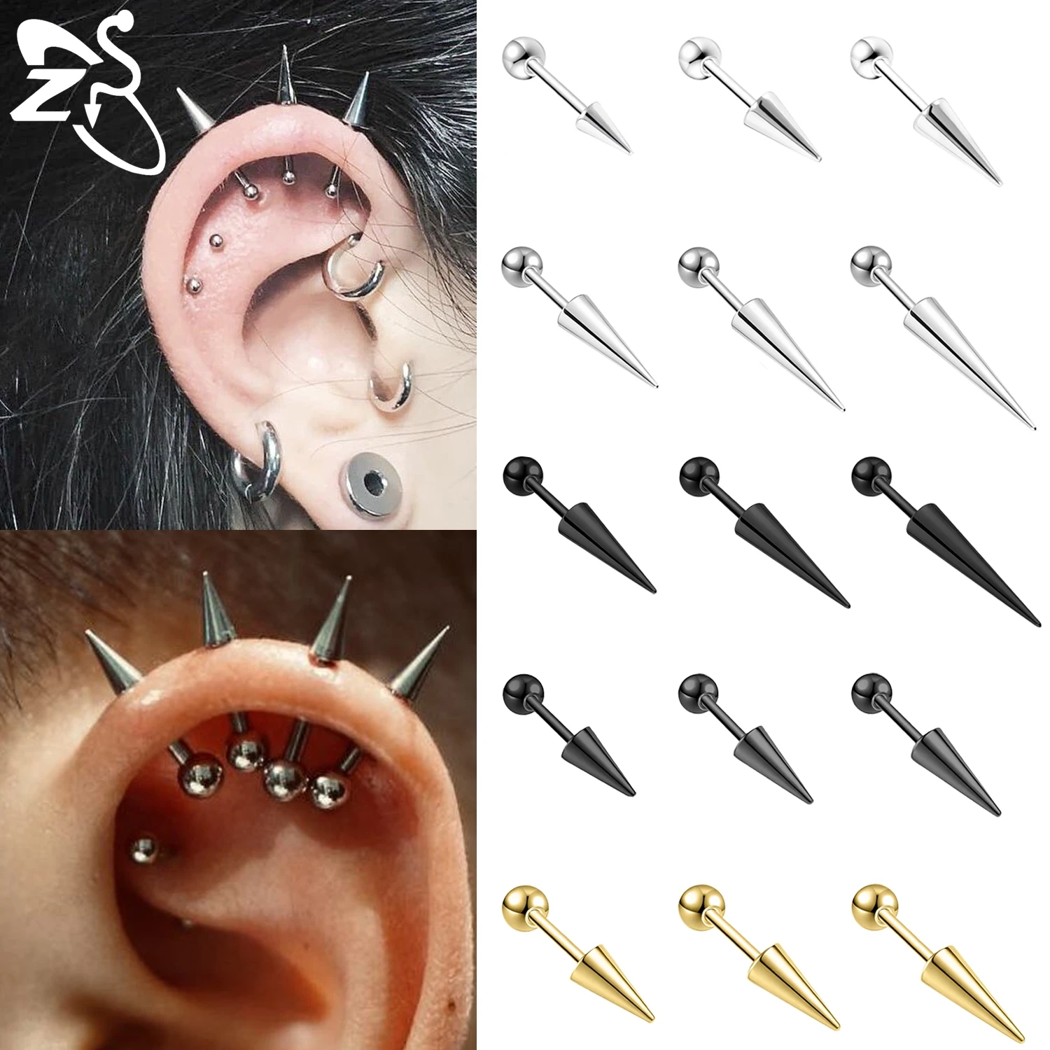 ZS 1 pieza Punk 18G pendiente con pasador de acero inoxidable hombres mujeres 6/8/10/12/15/17MM forma de punta larga hélice cartílago Piercings joyería