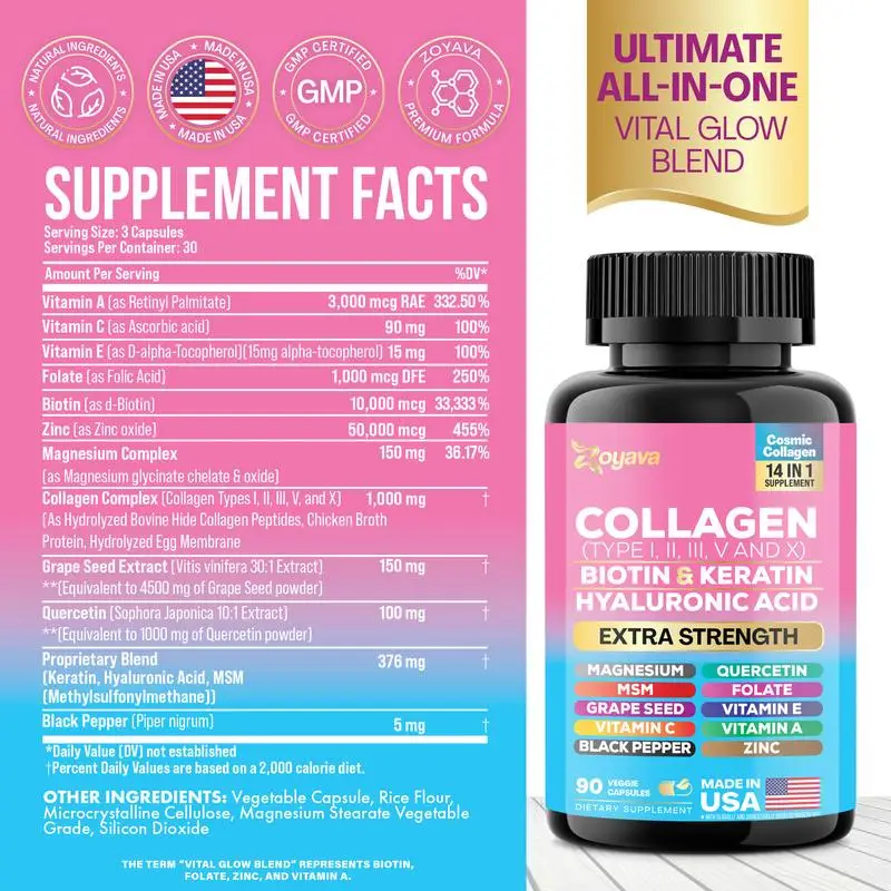 Collagen Biotin & Keratin Hyaluronic Acid Supplement - Promotes Healthy Skin and Nails, Keeping Them Moisturized and Shiny