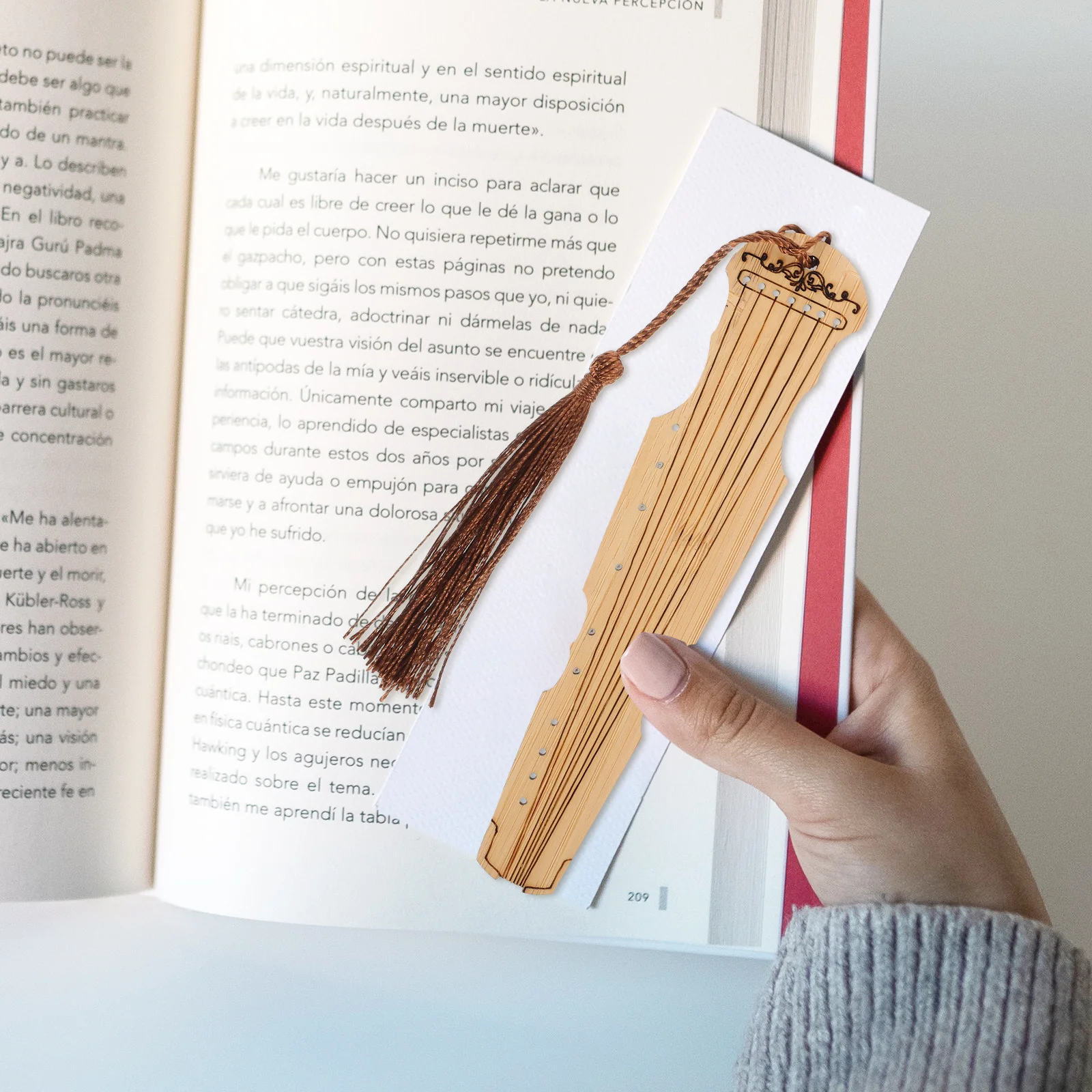 4 Stück Bambus-Lesezeichen im Guqin-Design, leichte Lesezeichen mit Quasten-Anhänger zum Lesen, Lernen, Zuhause, Büro, Schule
