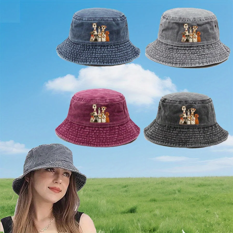 Dog Family Portrait Print Men's Fisherman Hat - 100%, Vintage Washed Look, Foldable, Multiple Colors Available - Stylish Outdoor