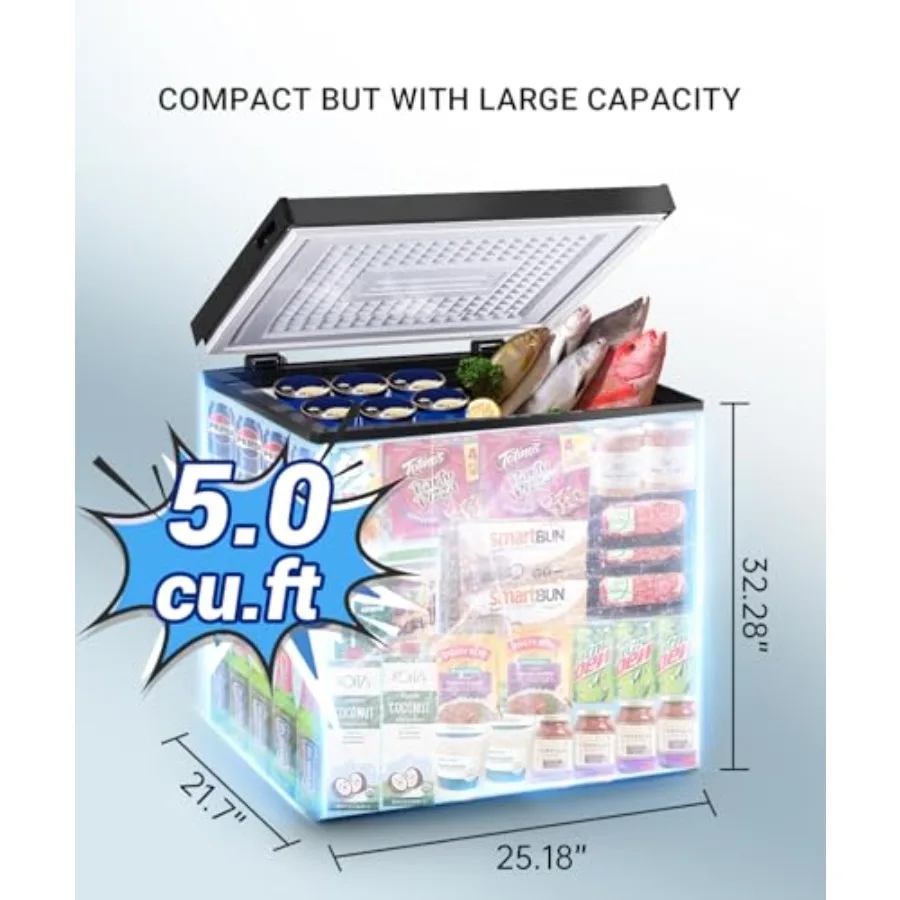 Small Deep Freezer 5.0 Cu.Ft Mini Chest Freezer with 2 Removable Baskets 6 Level Adjustable Thermostat Down to 18F Front Defros