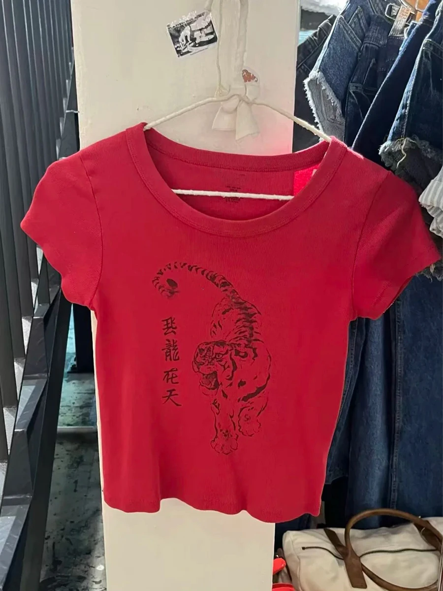 Dragon Print O-neck Crop Tops Women Summer Streetwear Fashion Red Cotton Short Sleeve Tee Shirt Vintage Preppy Style T-shirt Y2K