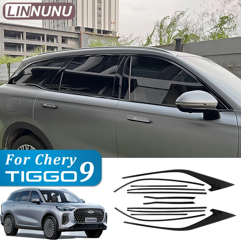 

LINNUNU 12 шт. нержавеющая сталь украшение окна автомобиля ярко-черная полоса наклейки для Chery Tiggo 9 2025 Chirey внешние аксессуары