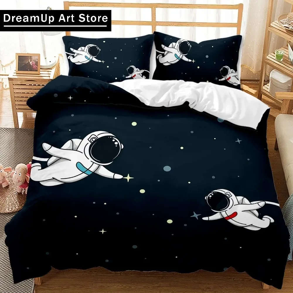 

Child Cartoon Astronaut Duvet Cover Bedding Set King Size Boys Galaxy Stars Out Space Soft Polyester Comforter Cover Black