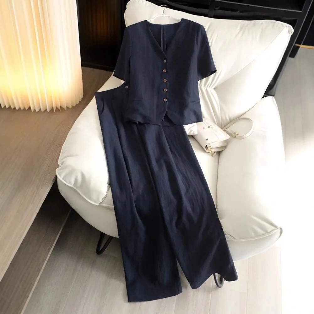 Fashion Lazy Wind Casual Breathable Fashion Short Sleeve Jacket High Waist Wide Leg Pants Two-piece Set