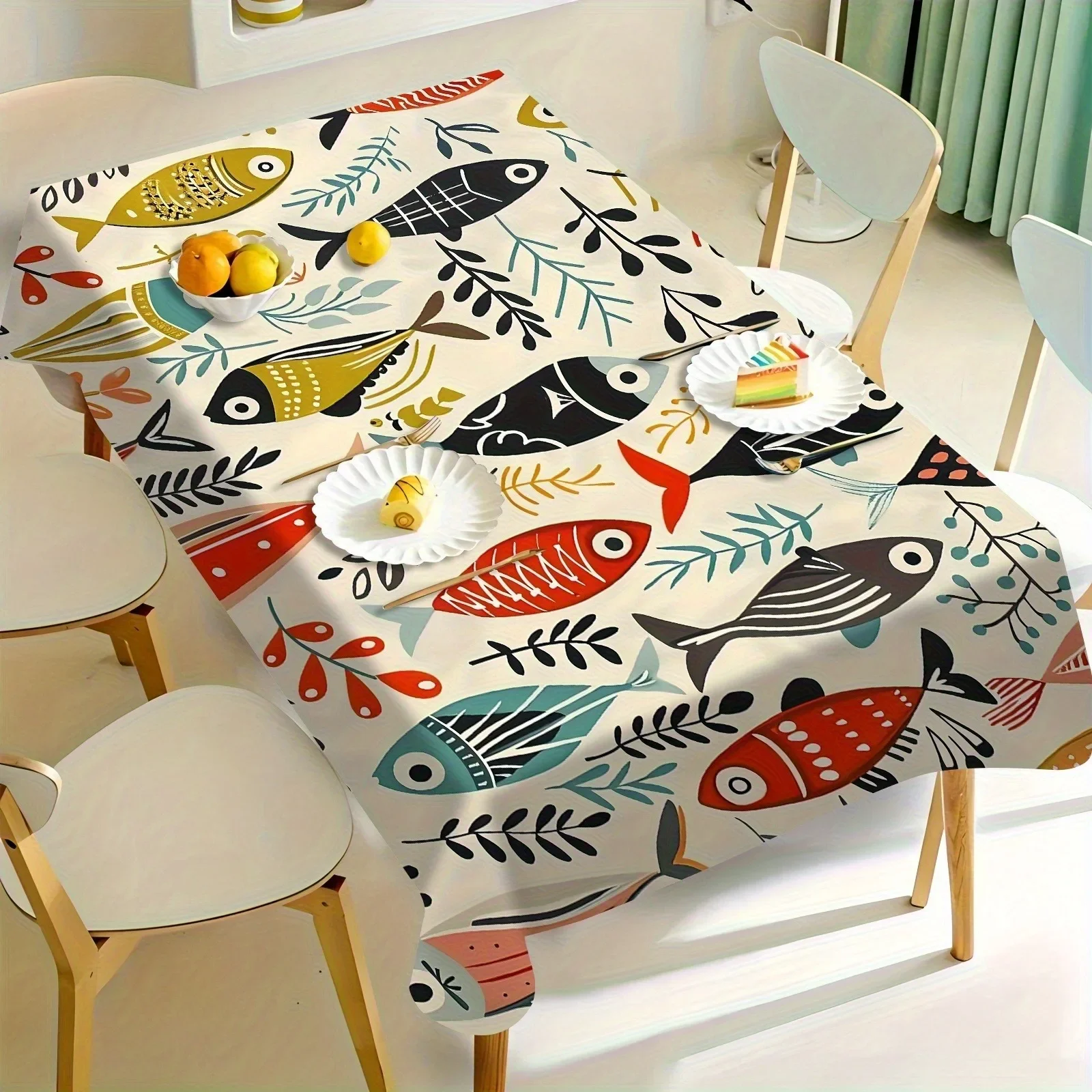 1pc Vibrant Fish Pattern Tablecloth - Brightly Colored Aquatic Design - Featuring Large Fish and Seaweedyzb