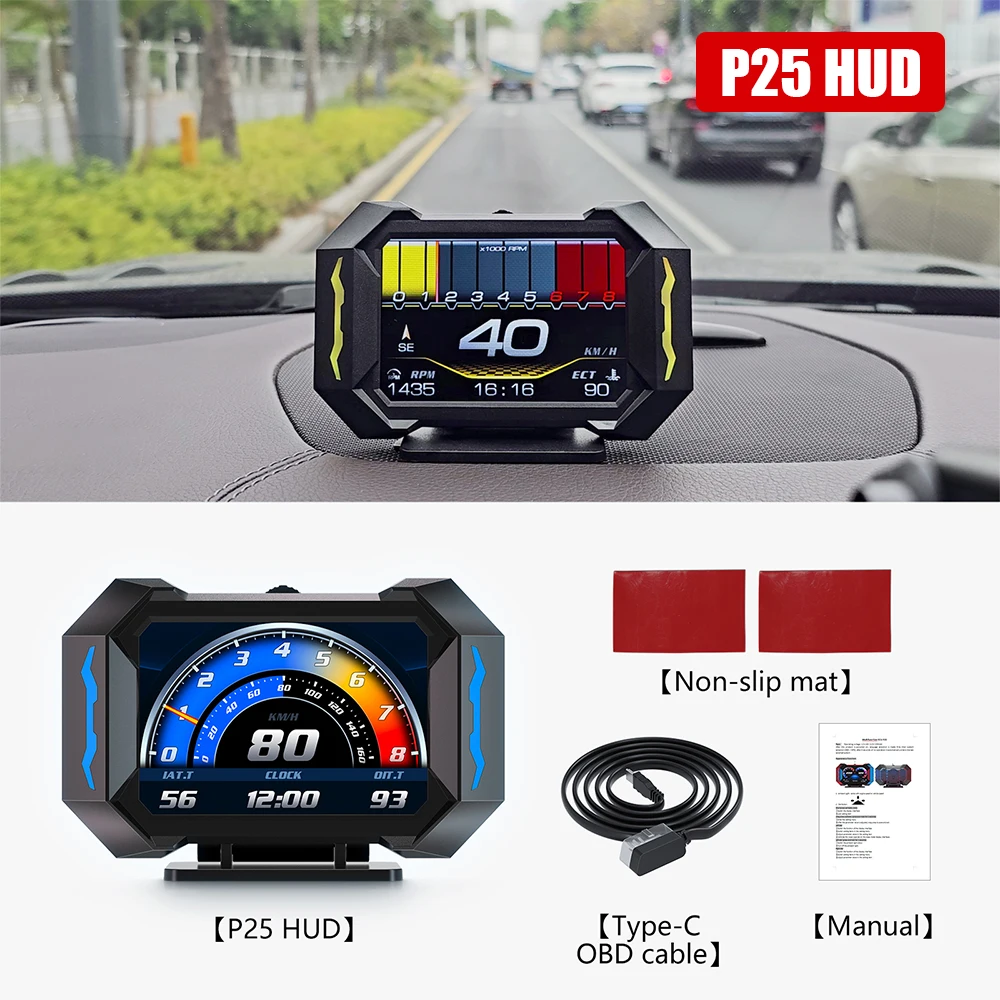 

Счетчик наклона P25 автомобильный HUD OBD GPS дисплей на лобовом стекле 3 дюйма часы KMH об/мин измеритель пробега акселерометр Спидометр превышение скорости будильник