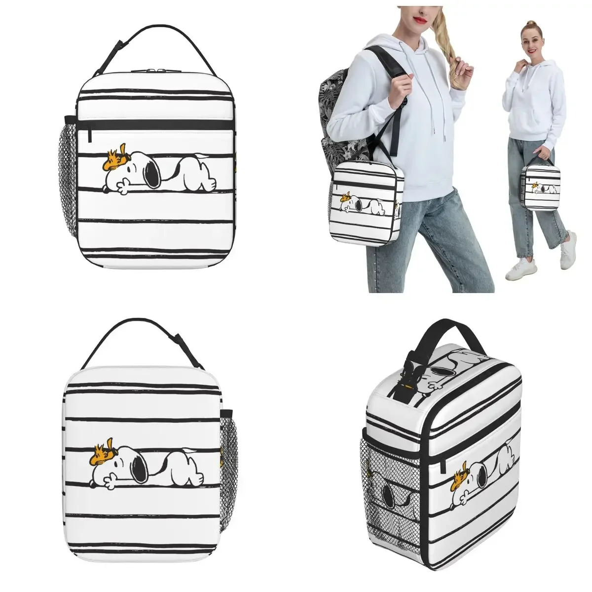 Snoopy Woodstock Cartoon Stripe Insulated Lunch Bags Large Meal Container Thermal Bag Tote Lunch Box School Travel Bento Pouch