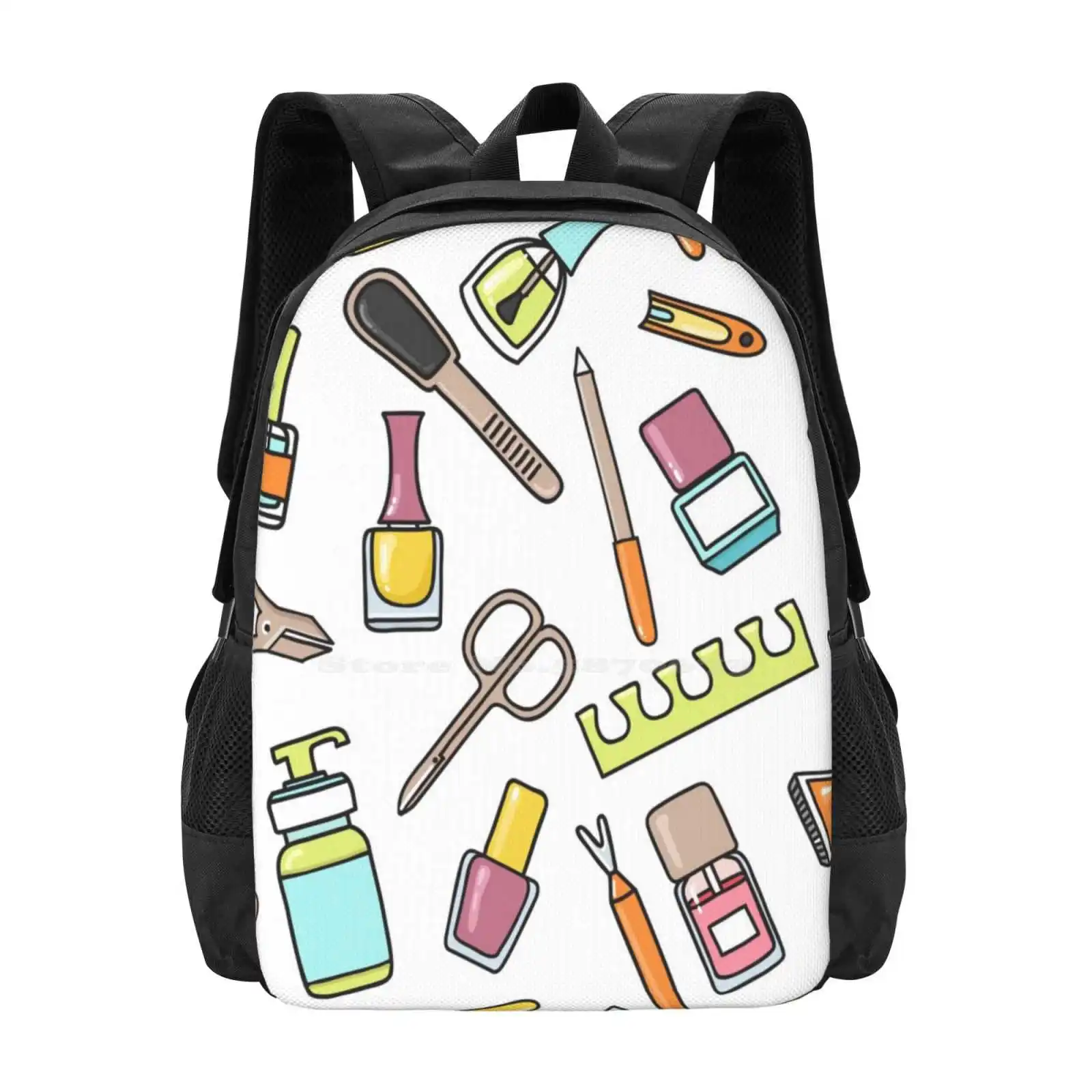 Pattern Of Manicure And Pedicure Doodle Equipment. Nail Art School Bags Travel Laptop Backpack Pattern Manicure Nail Polish