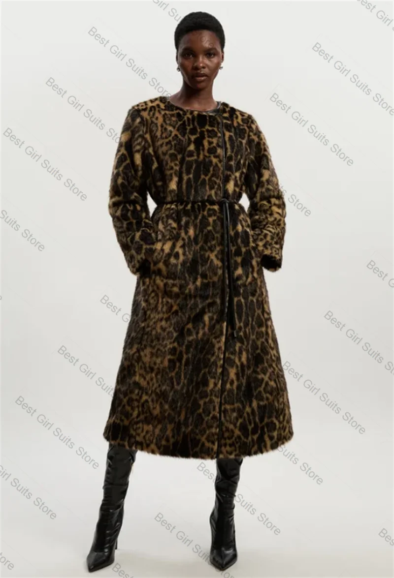 

Leopard Print Velvet Women Suit 1 Piece Long Blazer Prom Dress Belted Winter Formal Office Lady Jacket Customized Wedding Coat