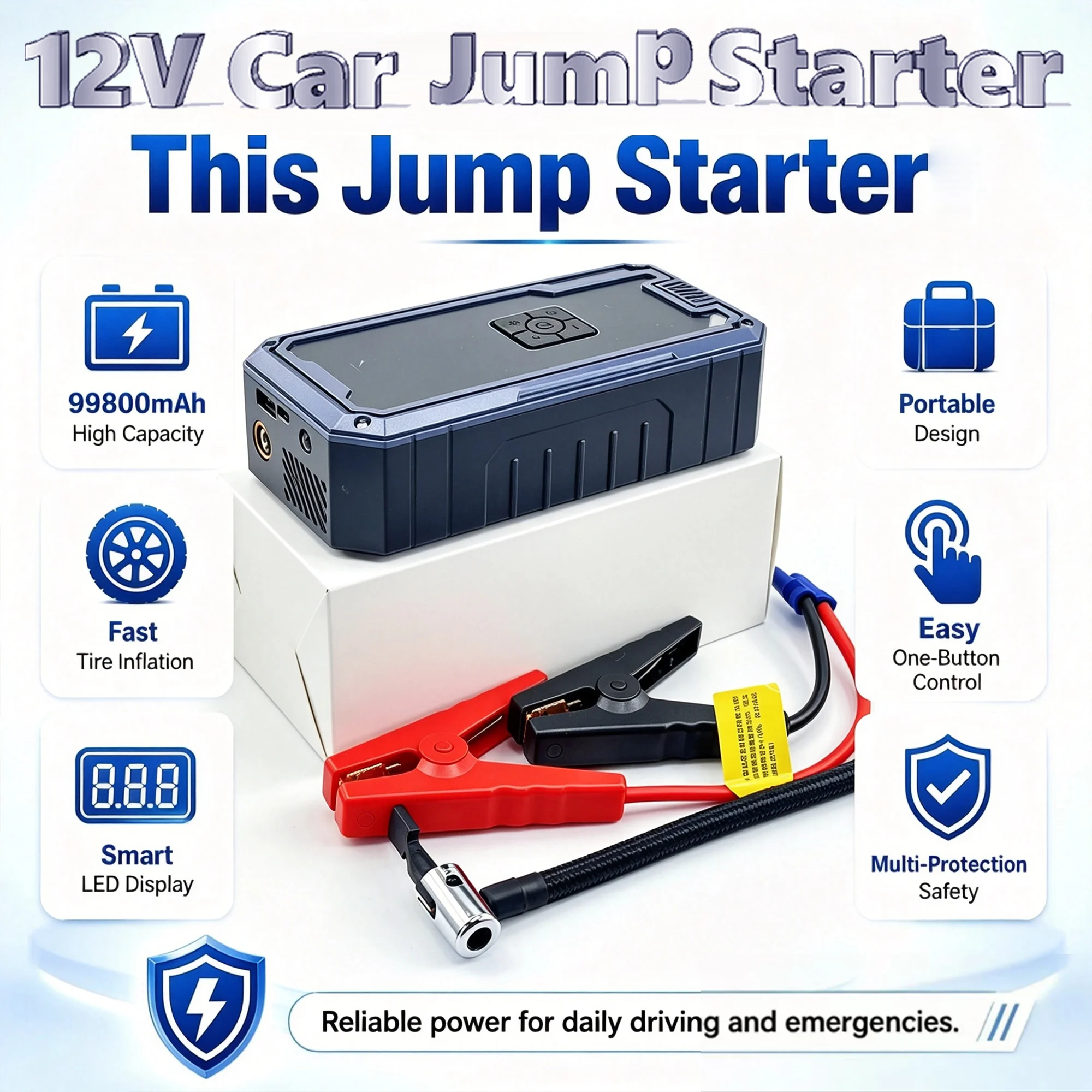 Portable Car Jump Starter with Air Compressor,3000A 99800mAh Portable Jump Box,Power Bank & Jump Cables for 9L Gas and 8L Diesel