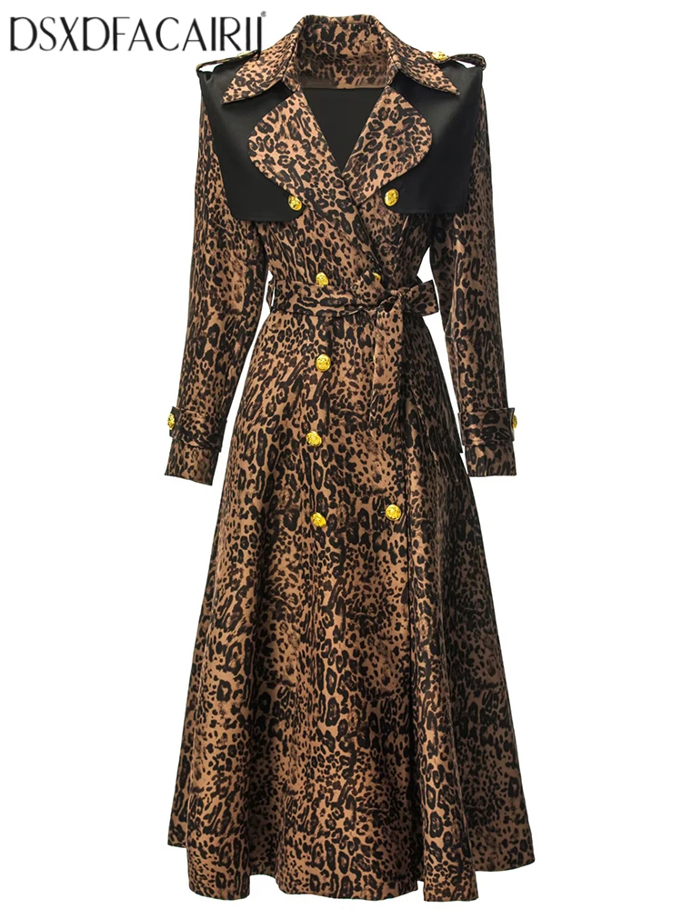 DSXDFACAIRIJ معطف واق من المطر مزدوج الصدر بطبعة الفهد للنساء مع ياقة بحار وأكمام طويلة ورباط ملابس خارجية للخريف