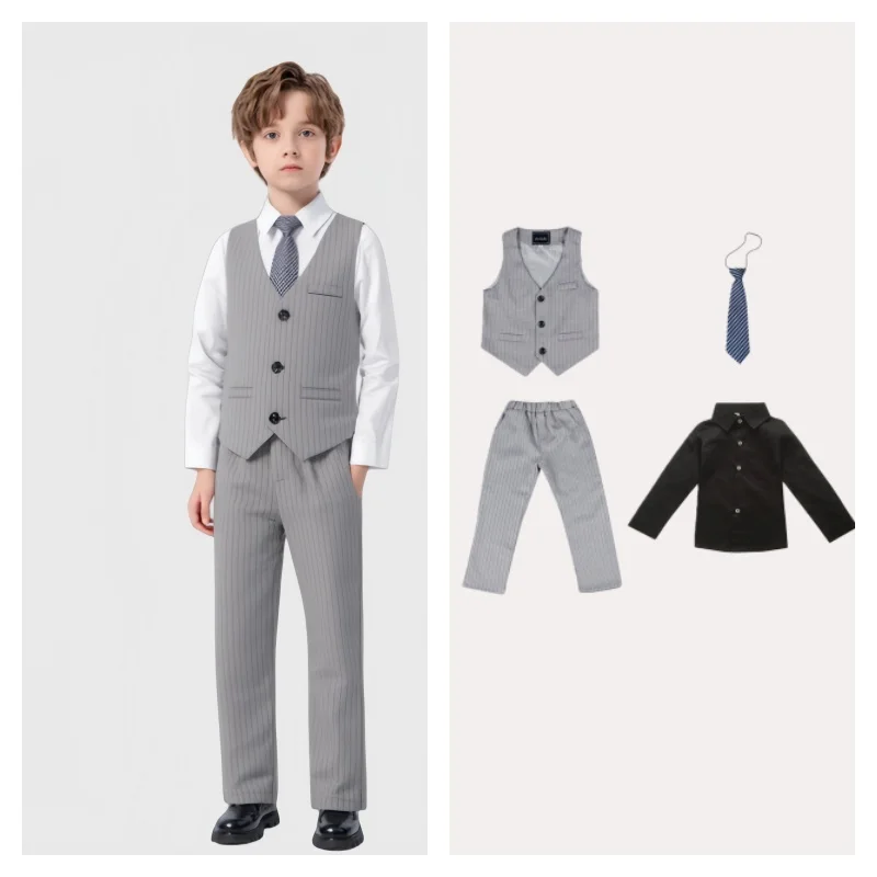 Gentleman Kids Spring Autumn Vest Set Flower Boys Wedding Suit Set Children's Piano Host Speech Performance Costume