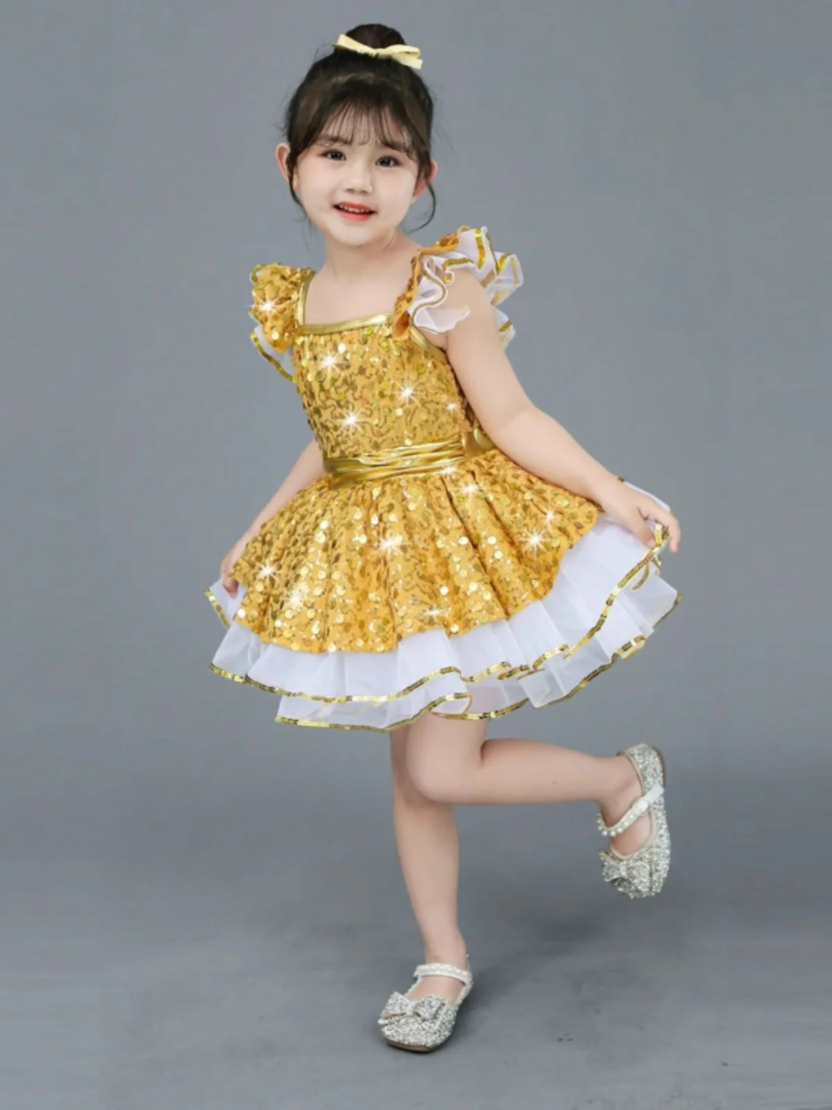 Golden Modern Sequin Dance Costume Girls Lyrical Contemporary Freestyle Yellow Dance Dress Girls Stage Wear Festival Celebration view 5