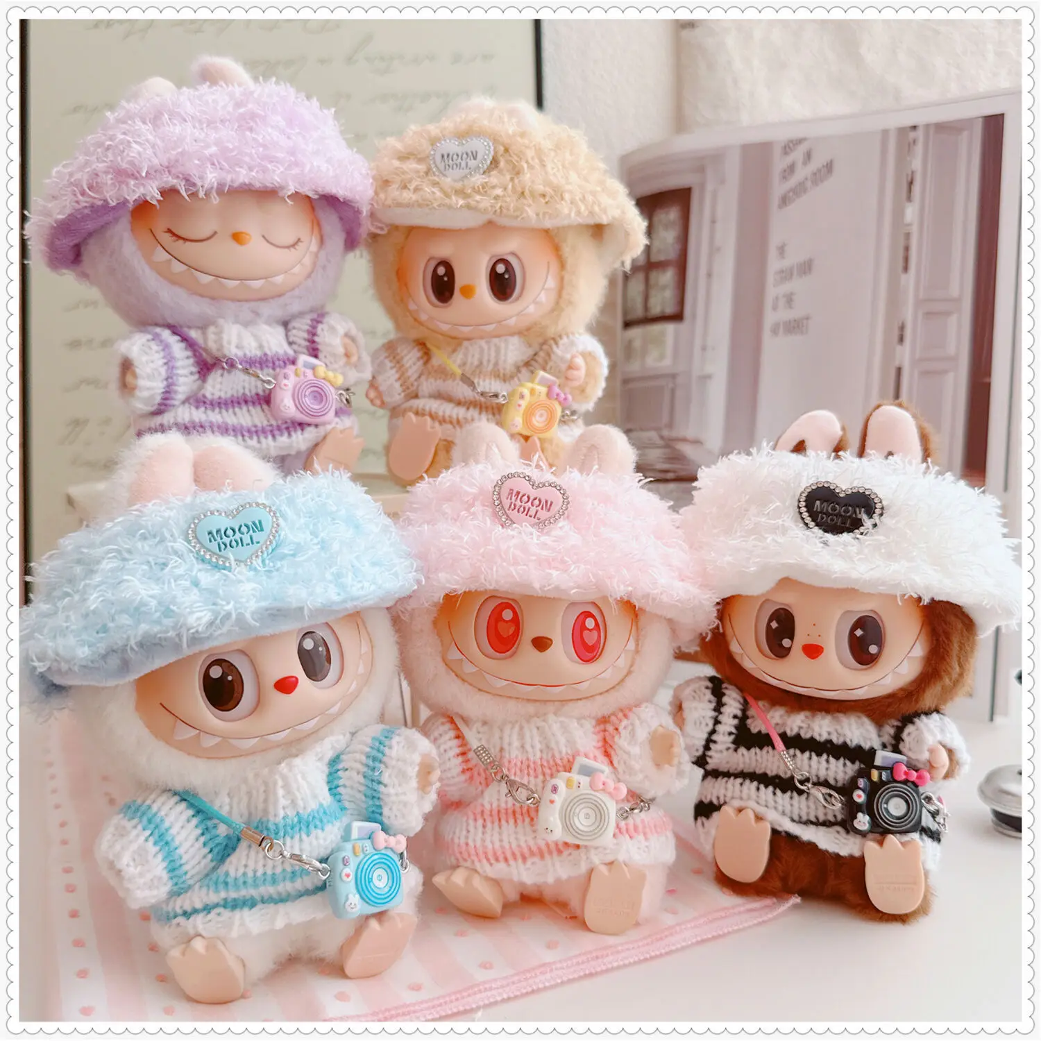

Clothes For Labubu Soft Plush Hat Striped Sweater And Cartoon Camera Accessories Set For 15/17cm 1st-3rd Gen Labubu Dolls' Dress
