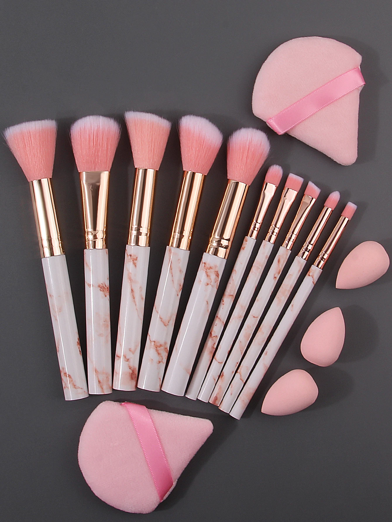 Makeup brush Sponge Powder puff set: 10 makeup brushes +2 pink fan-shaped powder puffs +3 mini multi-functional sponge eggs