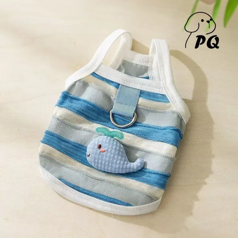 

Новый весенне-летний тонкий дышащий полосатый жилет с котом на двух ножках, одежда для собак Тедди, мультяшное украшение, тяговый ремень