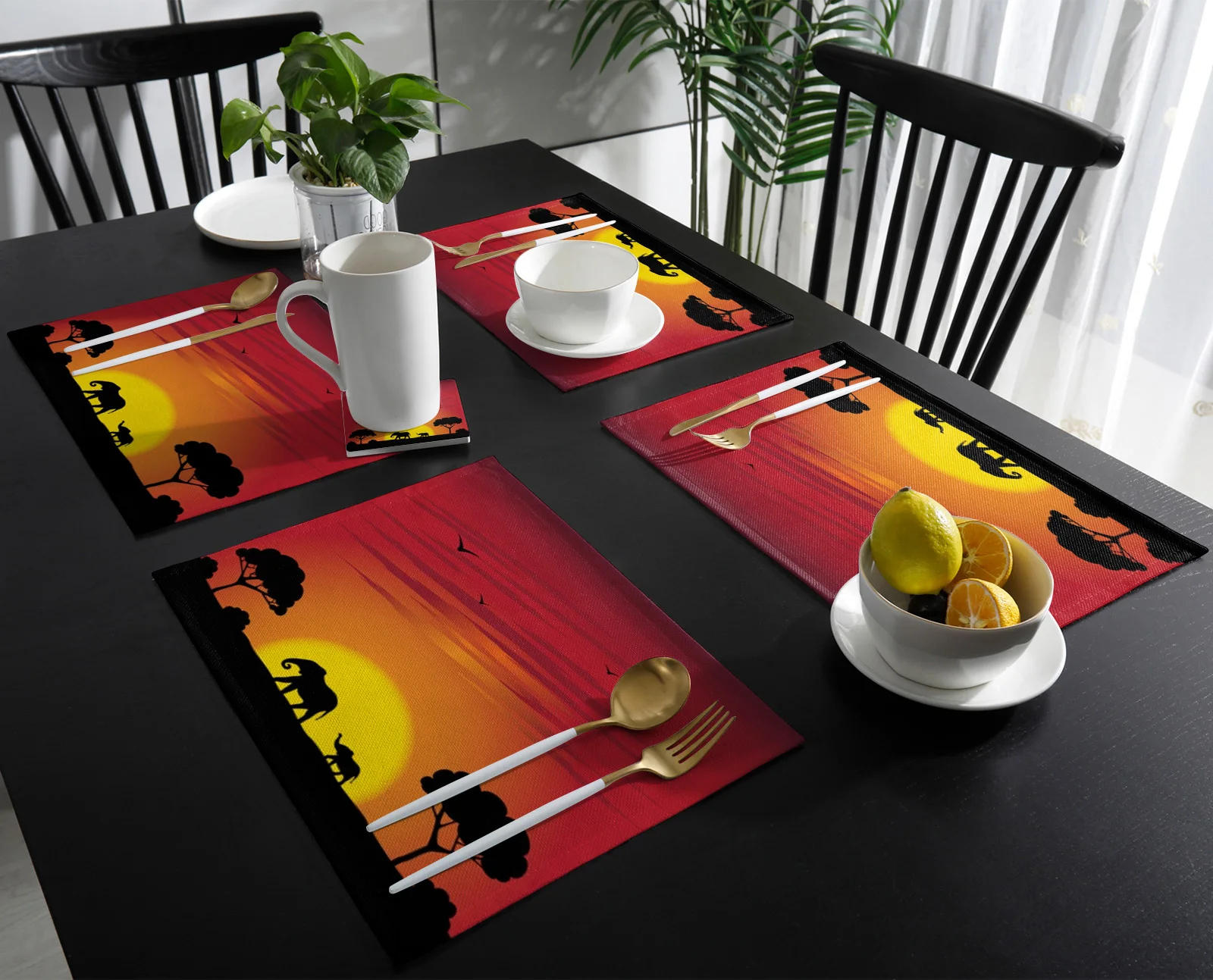 4/6 Pcs Placemat African Animal Elephant At Dusk Table Mat For Dining Table Kitchen Accessories Coffee Tea Coaster