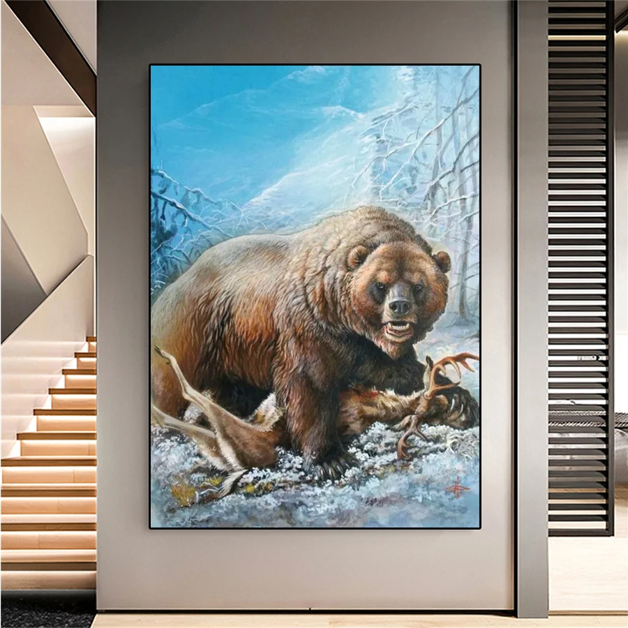 Full Square Round Diamond Painting Snow Mountain Animal Bear Captures Deer Mosaic Picture Diamond Embroidery Home Decor