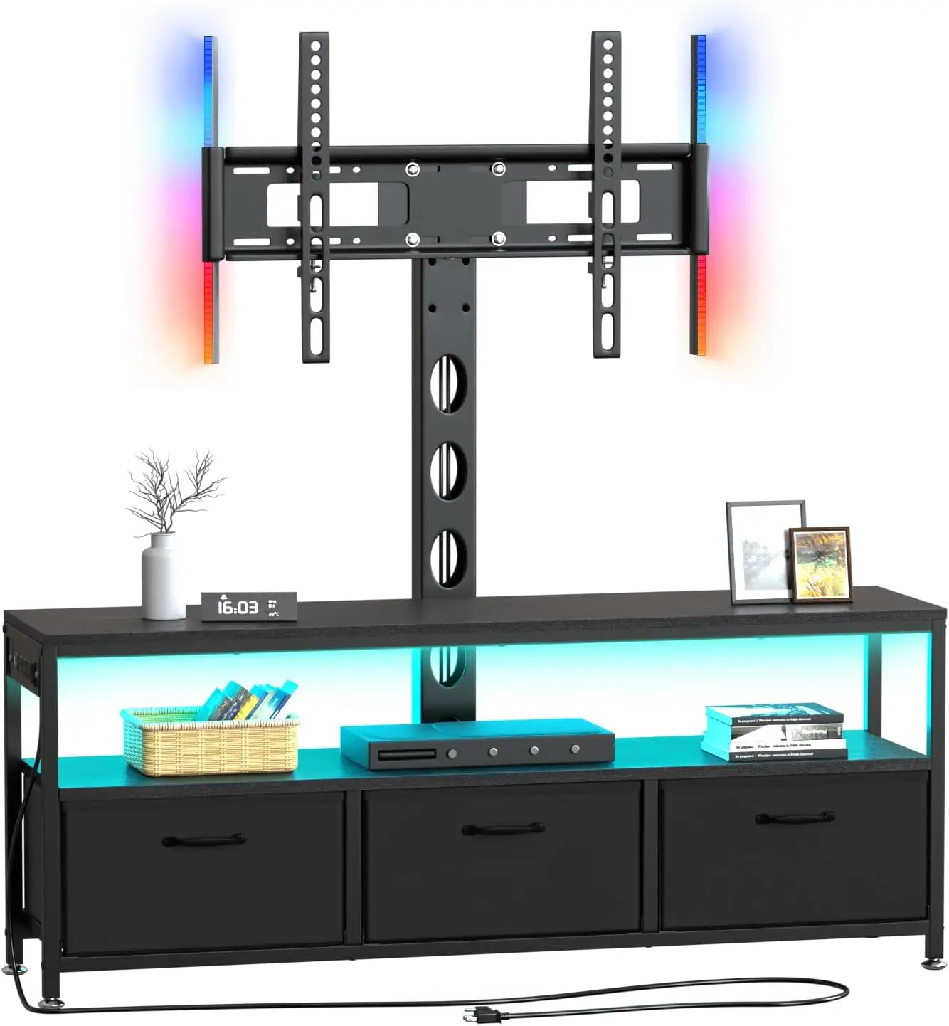 TV Stand with Mount and Power Outlet, TV Stand Mount with Storage for Living Room, Entertainment Center with LED Lights