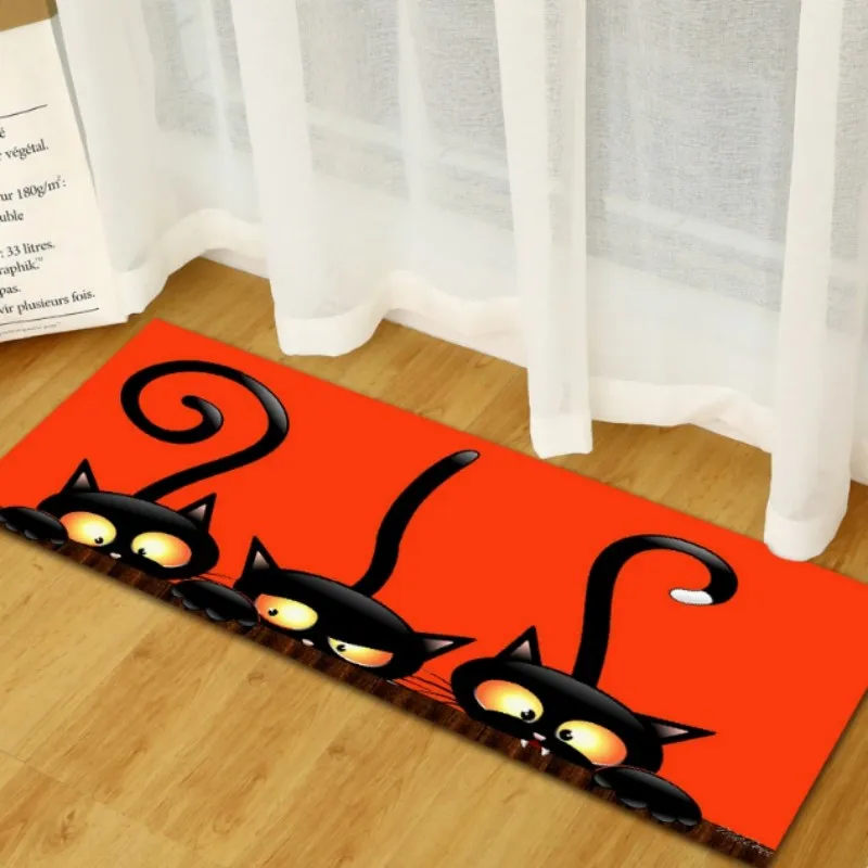 VIKAMA Cute Black Cat Runner Rug Bright Orange Background Non Slip Bedroom Hallway Entry Floor Mat