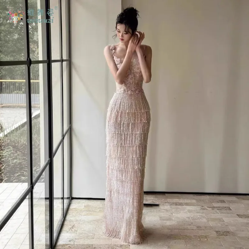 Robe de soirée de forme sirène, perles brodées en 3D, fine bretelle d'épaule, taille, avec perles et pompons, amincissante