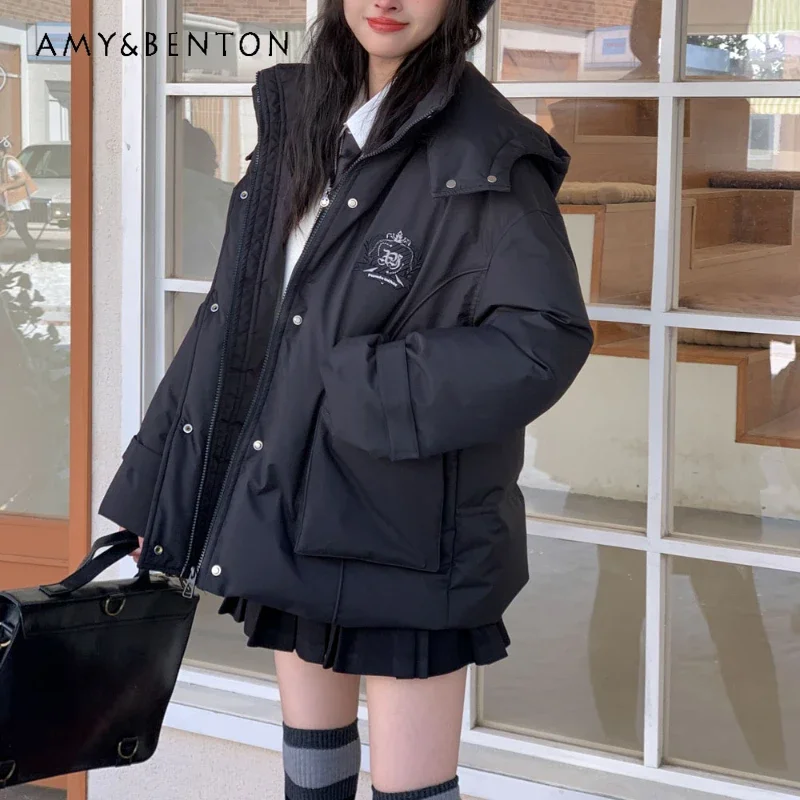 

2024 New Winter Fashion Academy Style Black White Short Embroidered Down Jacket For Women