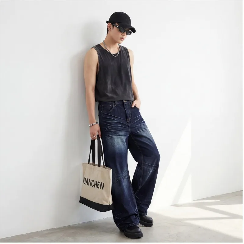 

Vintage Men's Whisker Washed Jeans Wide Leg Baggy Fit Dark Blue Streetwear Casual Premium Denim Pants