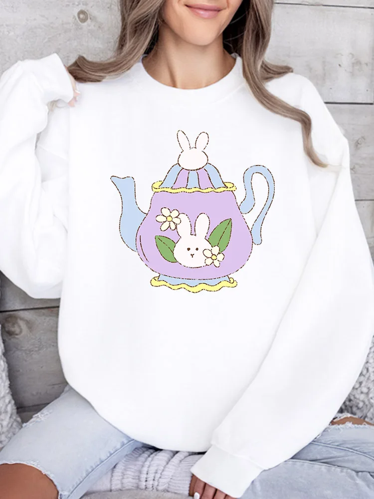 

Женская толстовка Bunny Teapot с круглым вырезом, повседневный пуловер с длинными рукавами, свободный крой, для ежедневной носки