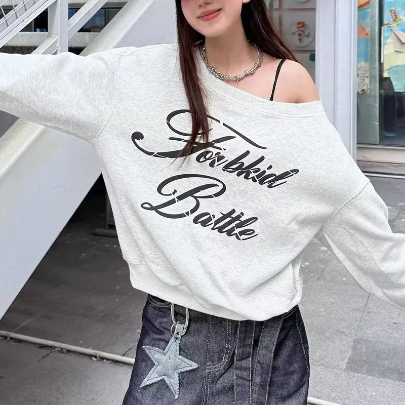 Fashionable Off Shoulder American Hoodies Spring Autumn Long Sleeve Female Clothing Printed Casual Skew Collar Loose Sweatshirts