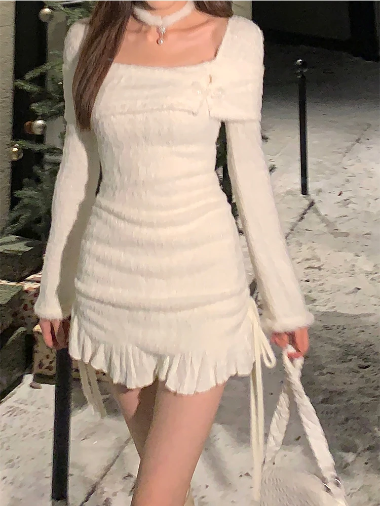 Elegant Short Party Dress Women Casual Long Sleeve French Sweet White Mini Dress 2024 Spring One Piece Dress Korean Fashion