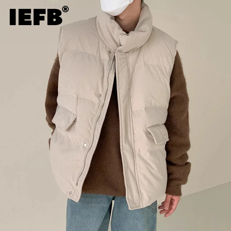 IEFB Korean Style Men's Padded Tank Tops Drawstring Stand Collar Waffle Corduroy Sleeveless Solid Color Loose Male Coats 9C8656