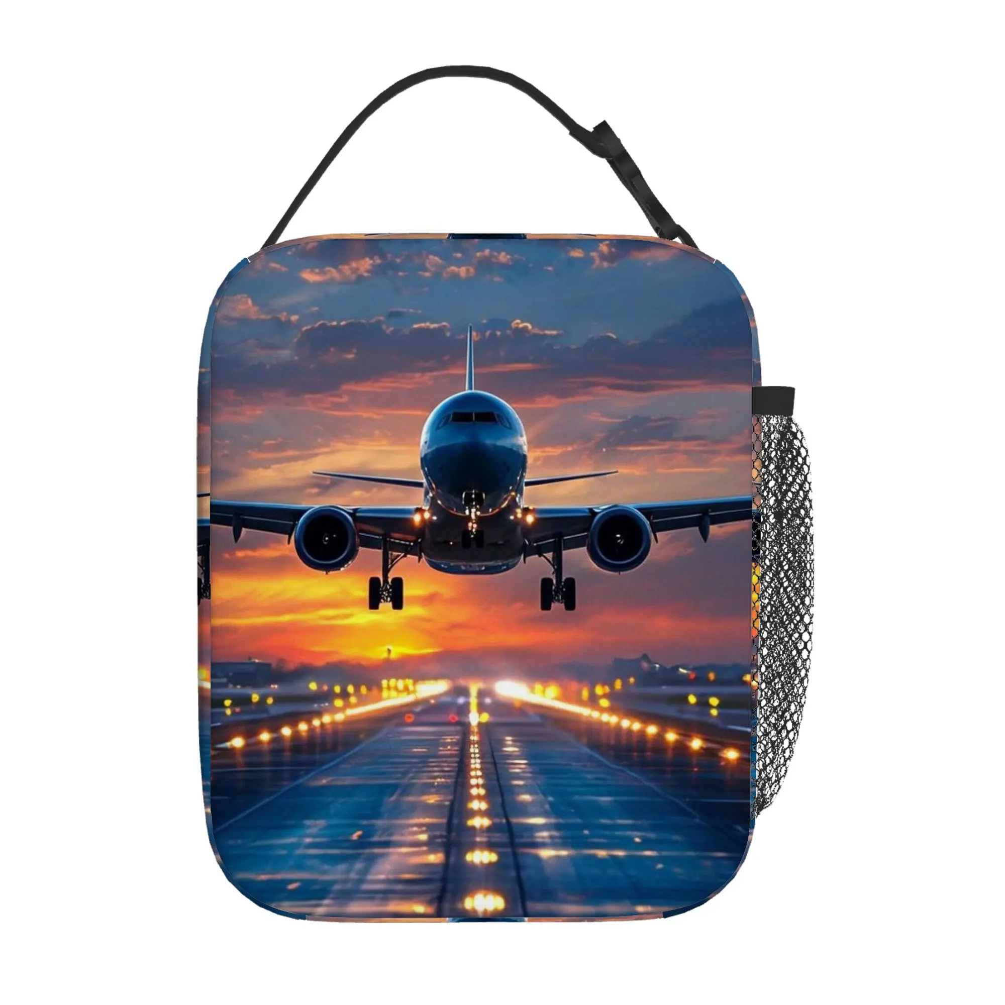 1pc, Airplane Landing During Sunset Printed Thermal Bag Insulation Tote for Food Storage - Unisex Portable Reusable Cooler