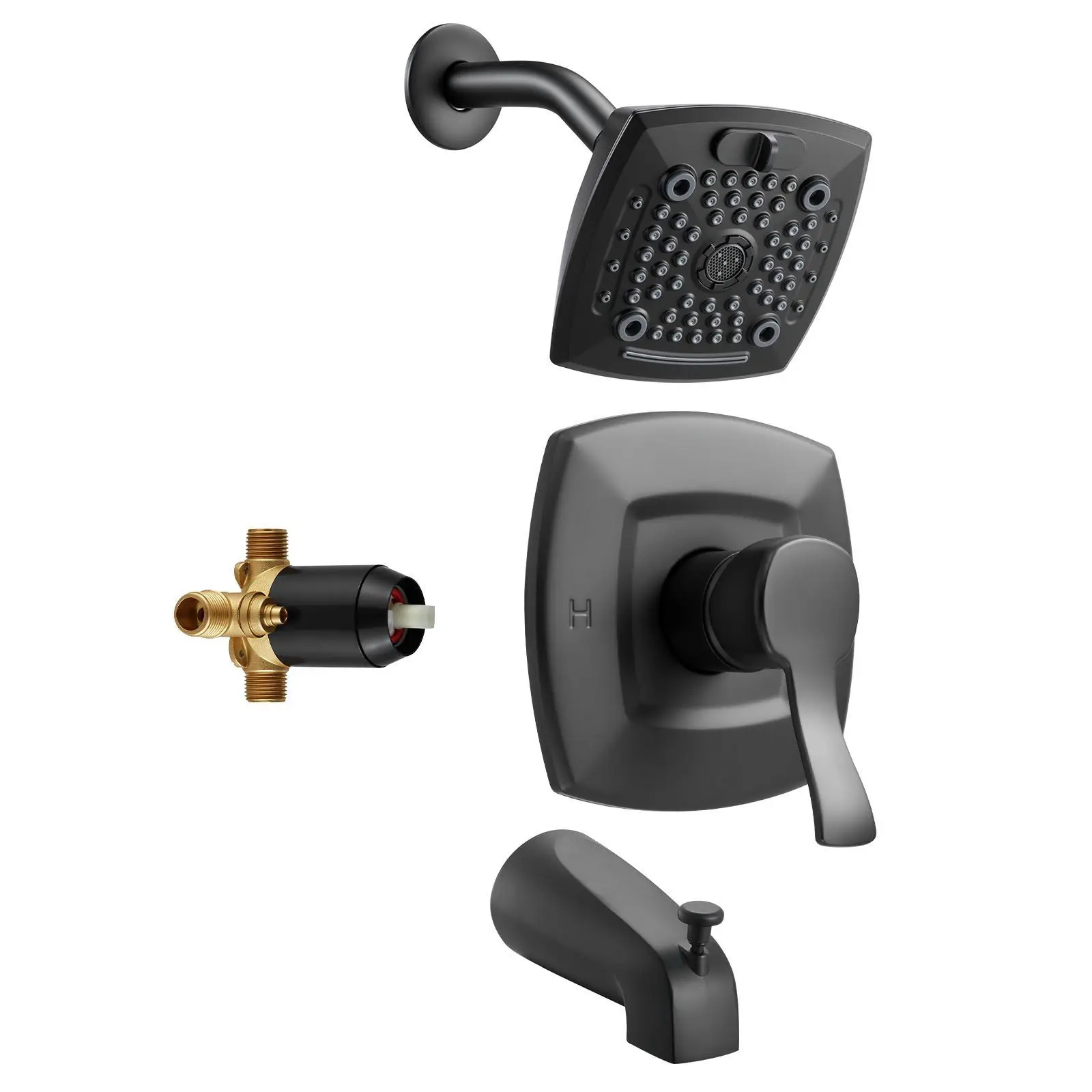 

5.1" Rainfall Shower Head with 5 Adjustable Sprays, Complete Tub and Shower Trim, Brass Valve, Matte Black