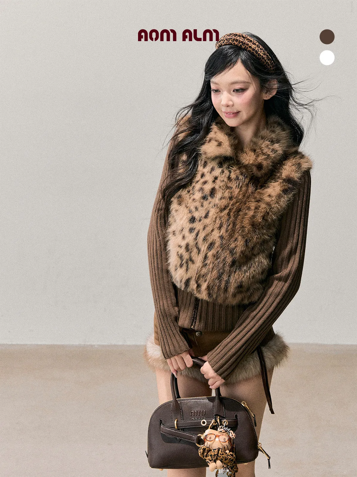 

Мягкое вязаное пальто AOMALM с леопардовым принтом, женская зимняя верхняя одежда из экологичных материалов, приталенный крой, смесовая ткань из полиэстера