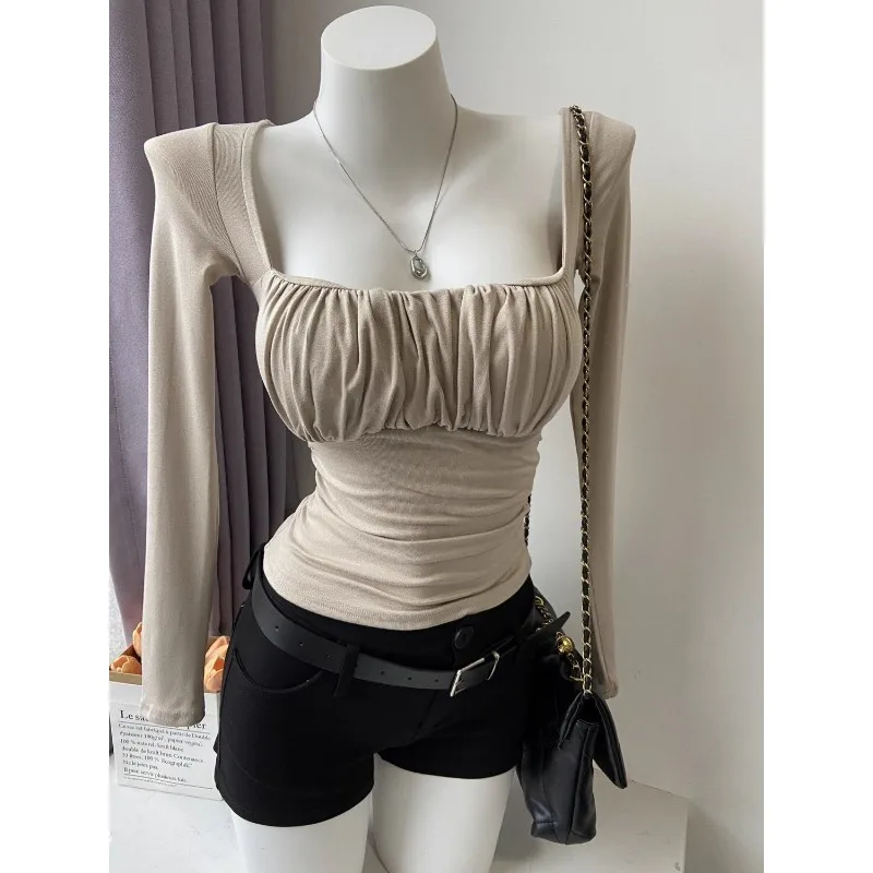 

Y2K Harajuku Мягкий бюстгальтер Тонкий топ с длинными рукавами Сексуальная плиссированная футболка с квадратным вырезом и низким вырезом Уличная одежда Kawaii Одежда Футболка