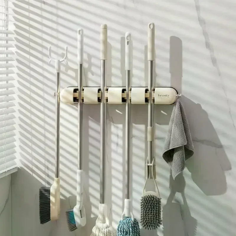 Wall Mounted Mop Holder Strong Adhesive Adjustable Grips For Kitchen Bathroom Laundry Storage