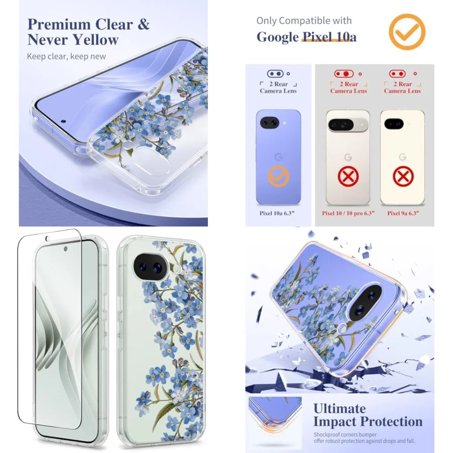 

Case with Screen tector, [Military Grade Drop Protection] Non Yellowing Clear Floral Slim Phone Cover for Women 2026 6.3 Aconit