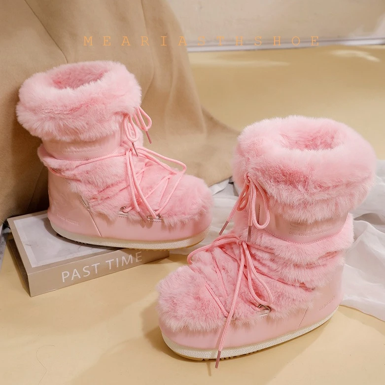 Warm Snow Boots Women's 2026 Winter New Fuzzy Flat High-End Moon Boots Skiing High-Tube Boots Inner Heightening Leather Snow B