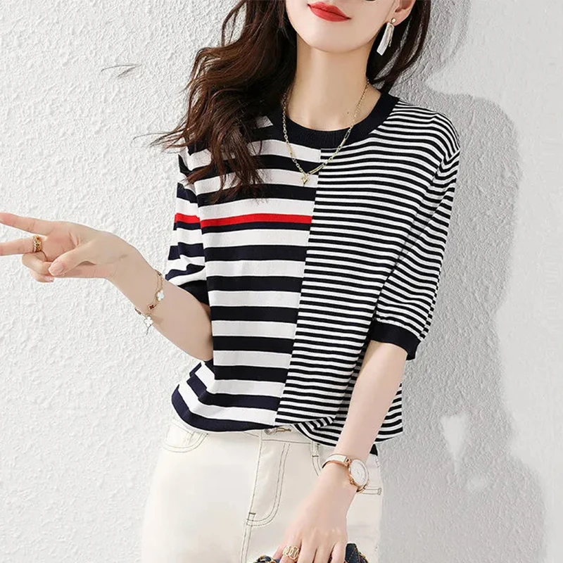 Ice Casual short-sleeved T-shirt Women's Summer Round Neck-necked Knit Top KN1542