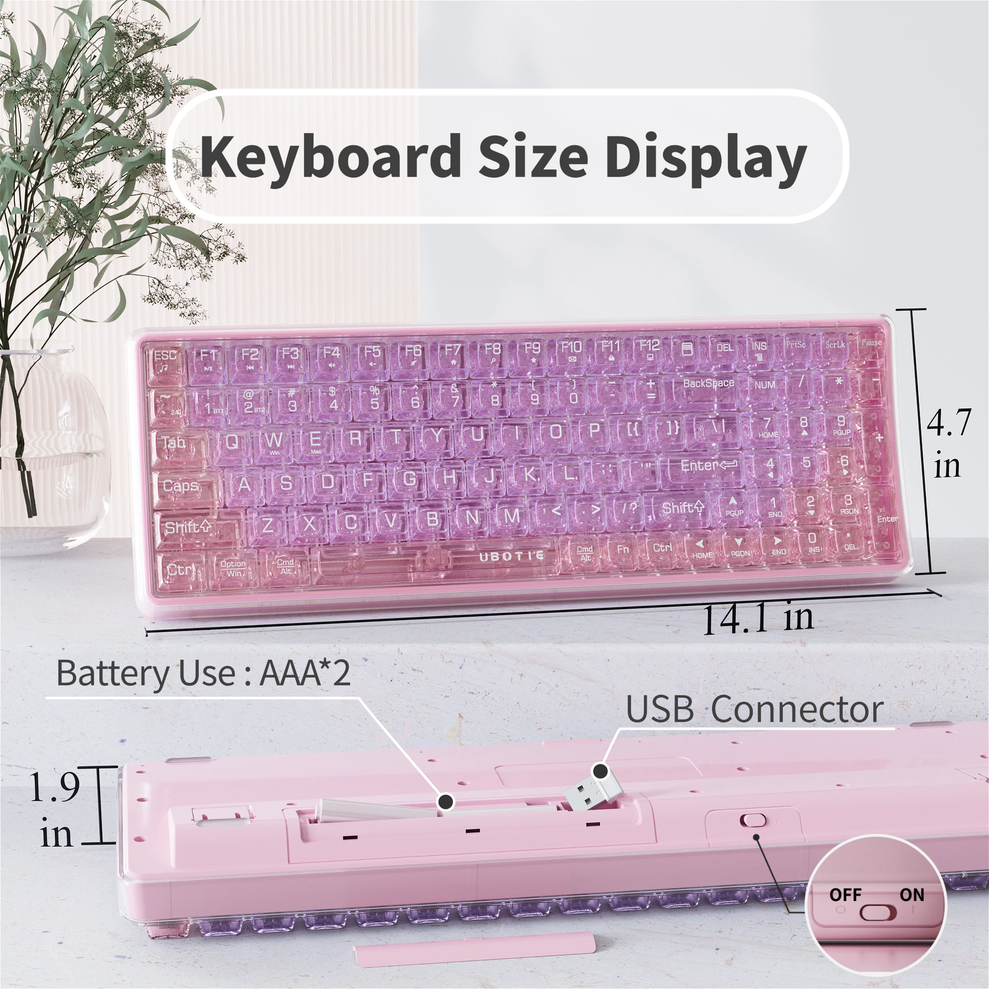 Imagem -06 - Ubotie-teclado sem Fio de Tamanho Completo Membrana Transparente Rosa Bluetooth 2.4ghz Usb sem Fio Apto para Mac Ios Telefone Laptop