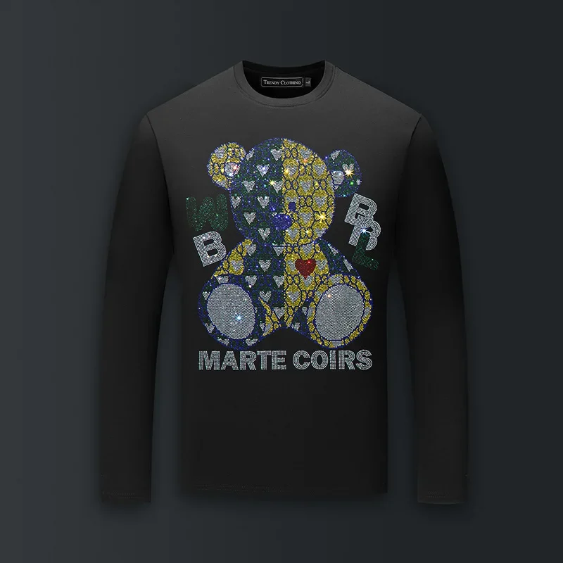 

Plus Size T Shirts Men Fashion Streetwear Cartoon Bear Rhinestones O Neck Long Sleeve Slim Modal Cotton Tshirts Mens Clothing