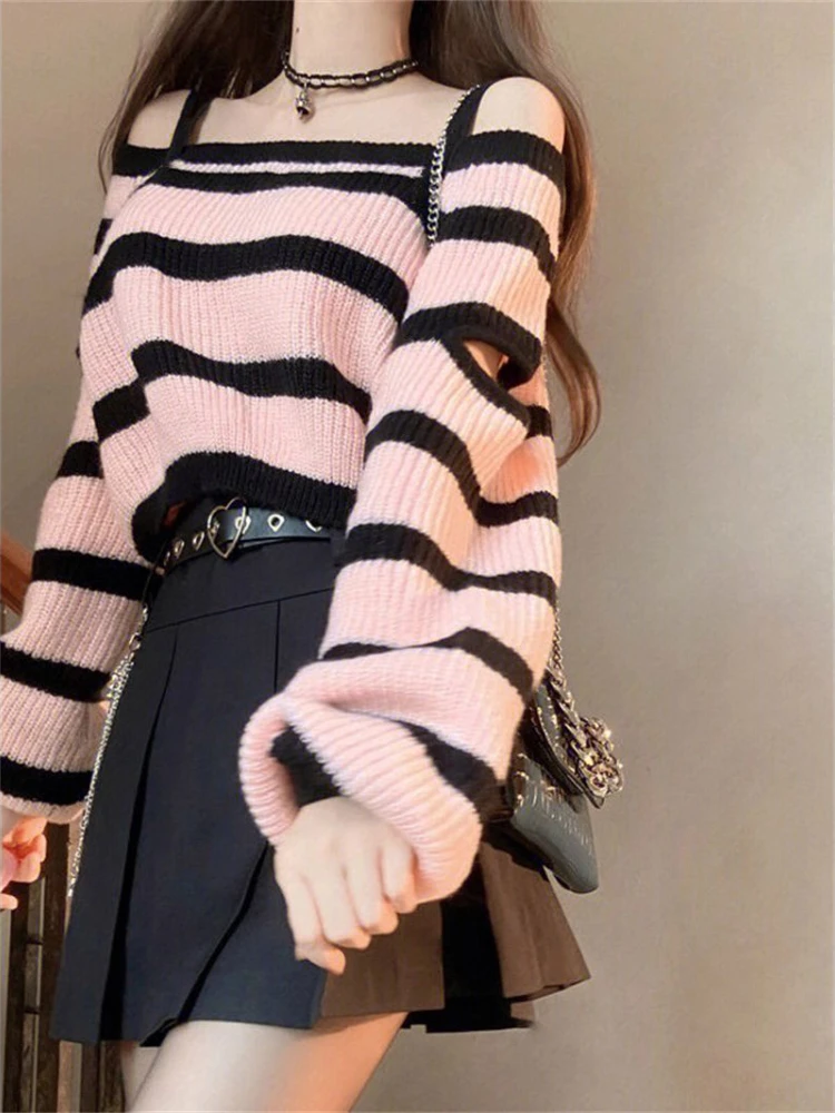 Deeptown Y2K Vintage Pink Striped Cropped Sweater Women Harajuku Off Shoulder Knitted Jumper Korean Fashion Casual Knitwear Tops